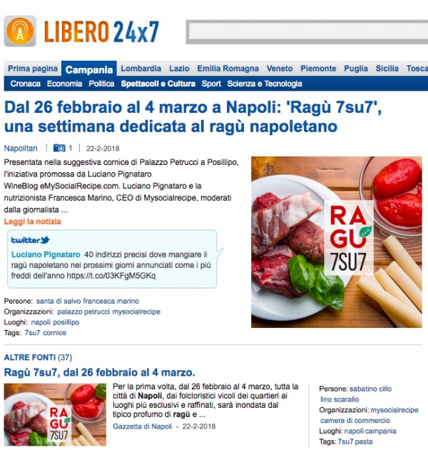 Dal 26 febbraio al 4 marzo a Napoli: 'Ragù 7su7', una settimana dedicata al ragù napoletano