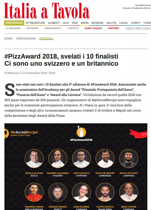  #PizzAward 2018, svelati i 10 finalisti  Ci sono uno svizzero e un britannico