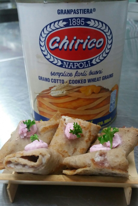Crespelle di grano e castagne con stracciatella amarena e liquirizia