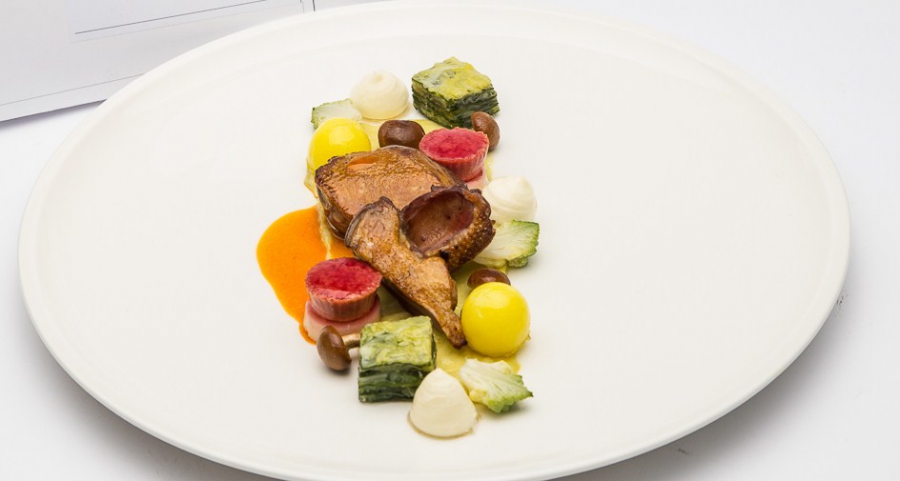 Piccione con salsa su crema di broccolo romano, millefoglie di foglie, patate allo zafferano