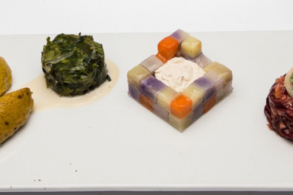 Castello di verdure con tofu aromatizzato, spaghetto di barbe rosse al pesto di pomodori secchi