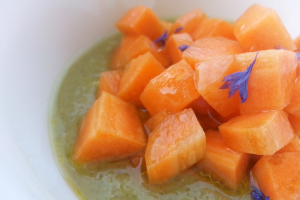 Polentina fredda di amaranto e avocado con carote marinate agli agrumi
