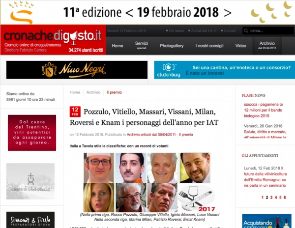 Pozzulo, Vitiello, Massari, Vissani, Milan, Roversi e Knam i personaggi dell'anno per IAT