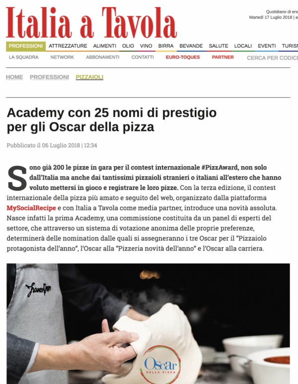Academy con 25 nomi di prestigio  per gli Oscar della pizza