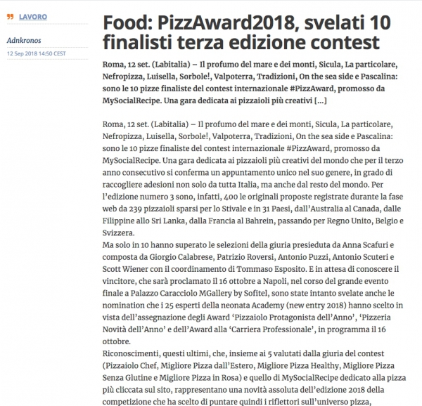 Food: PizzAward2018, svelati 10  nalisti terza edizione contest