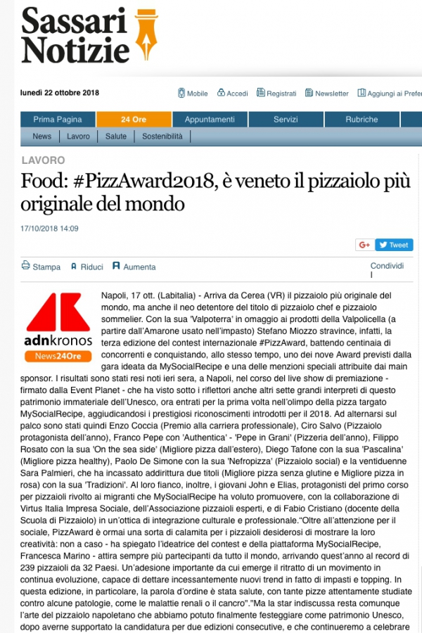 Food: #PizzAward2018, è veneto il pizzaiolo più originale del mondo