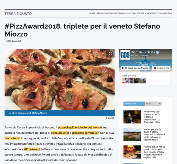 #PizzAward2018, triplete per il veneto Stefano Miozzo