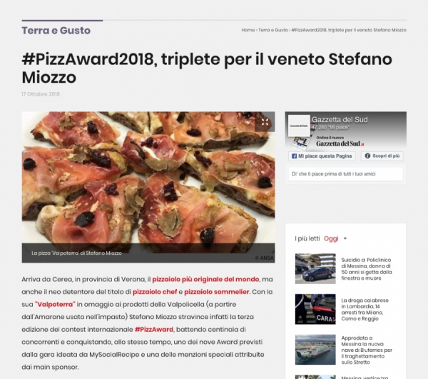 #PizzAward2018, triplete per il veneto Stefano Miozzo