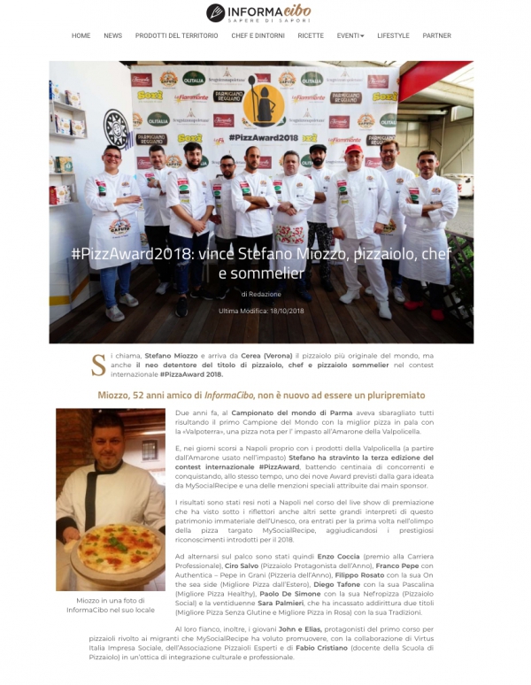 #PizzAward2018: vince Stefano Miozzo, pizzaiolo, chef e sommelier