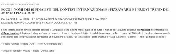 ECCO I NOMI DEI 10 FINALISTI DEL CONTEST INTERNAZIONALE #PIZZAWARD E I NUOVI TREND DEL MONDO PIZZA 2020