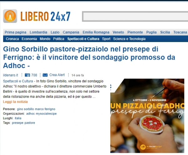 Gino Sorbillo pastore-pizzaiolo nel presepe di Ferrigno: è il vincitore del sondaggio promosso da Adhoc -
