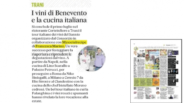 Si conclude il primo luglio nel ristorante Corteinfiore a Trani il tour italiano dei vini del Sannio organizzato dal Consorzio in collaborazione con Mysocialrecipe